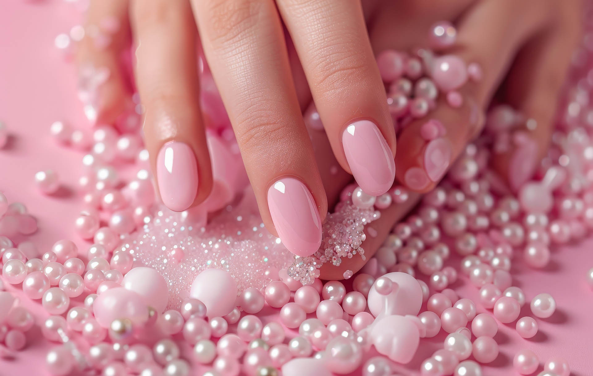 A close-up of a womans hands showcasing perfectly manicured nails with pink and white nail polish.
