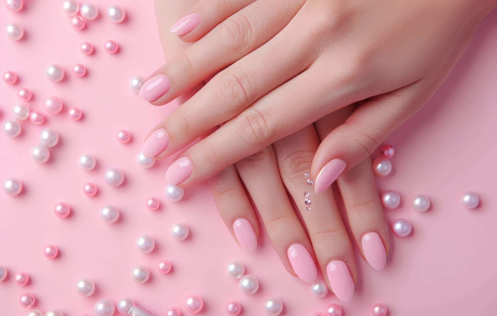 A close-up of a womans hands adorned with pink and white nail polish.